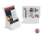 Two white cardboard display stands for A5 Leaflets shown on a white background, one holding a printed brochure in front and the other showing the printed back side. A circular 'Made in UK' badge appears in the lower right corner.